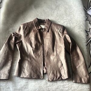 Metallic bronze taupe full zip Leather Jacket size M